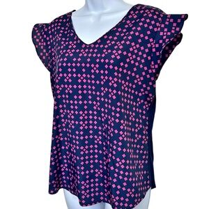 Ann Taylor Women's Medium Top Flutter Sleeve V-neck Blue Pink Geometric Print